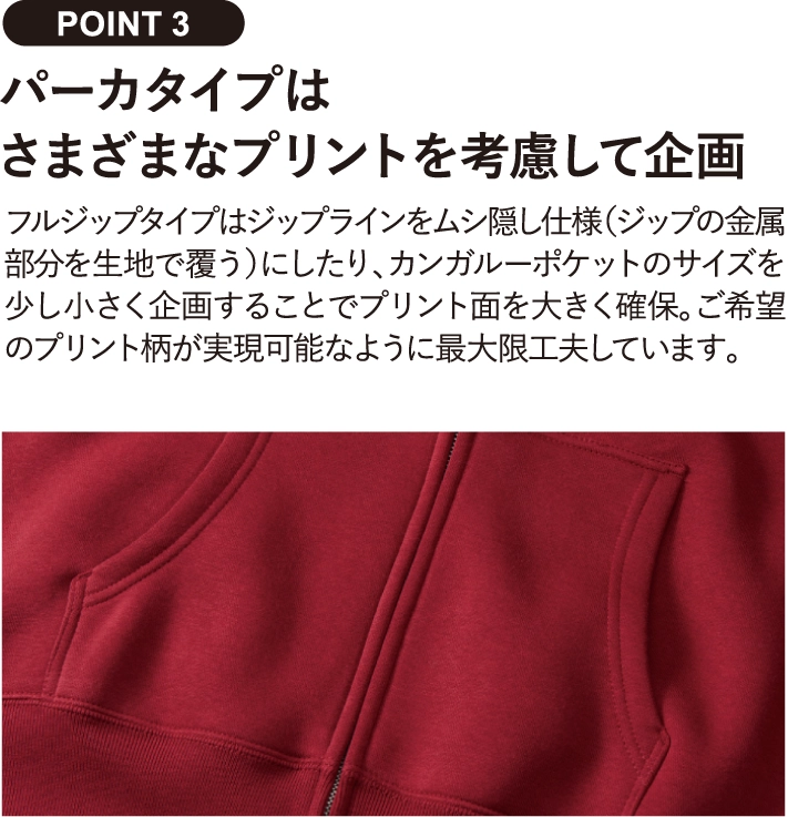 パーカタイプは
さまざまなプリントを考慮して企画